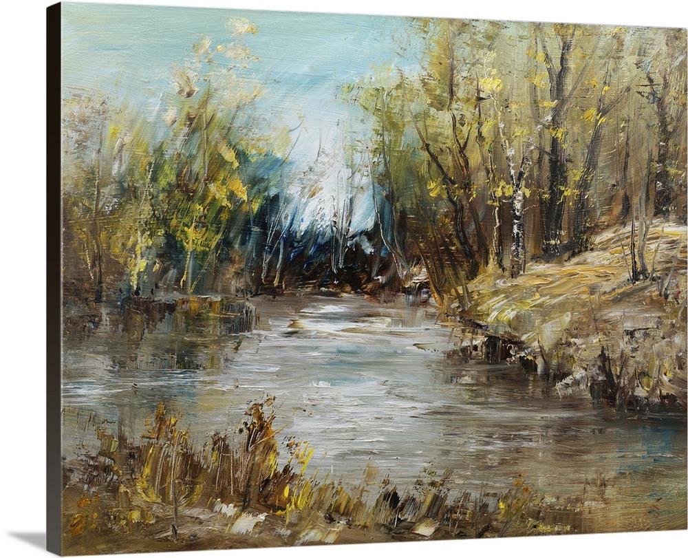 The river and birches near the forest, originally an oil painting artistic background.