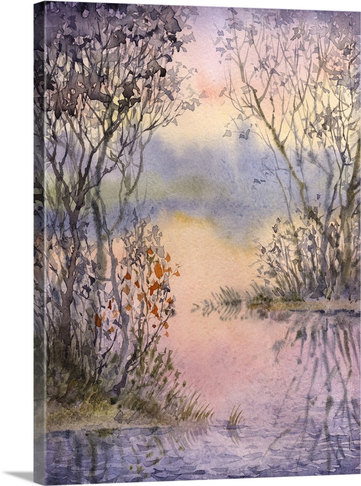 Watercolor landscape of a quiet corner of the lake the evening with thickets of trees and shrubs on flooded islands.