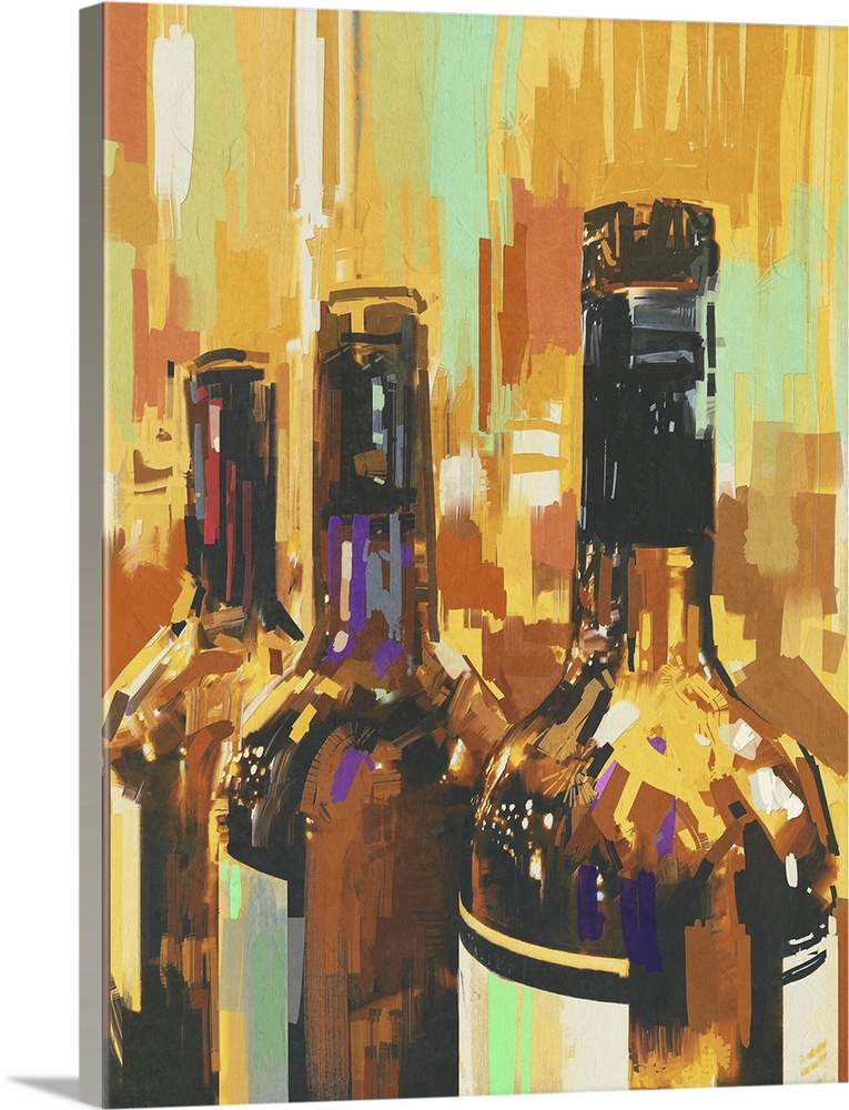 Colorful painting, three bottles of wine, originally an illustration.