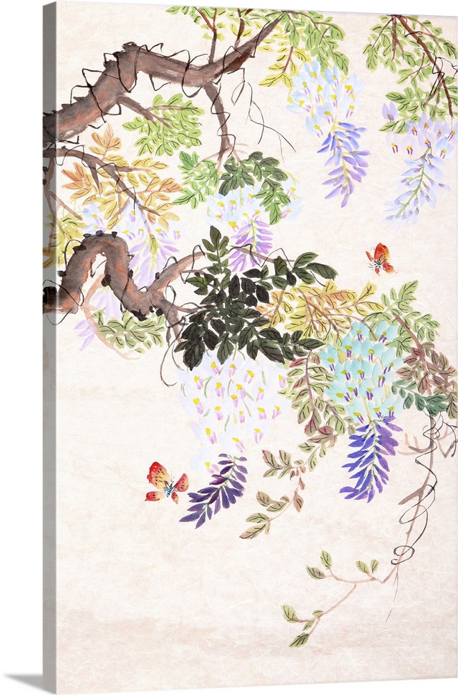 Traditional Chinese painting of flowers and a butterfly.