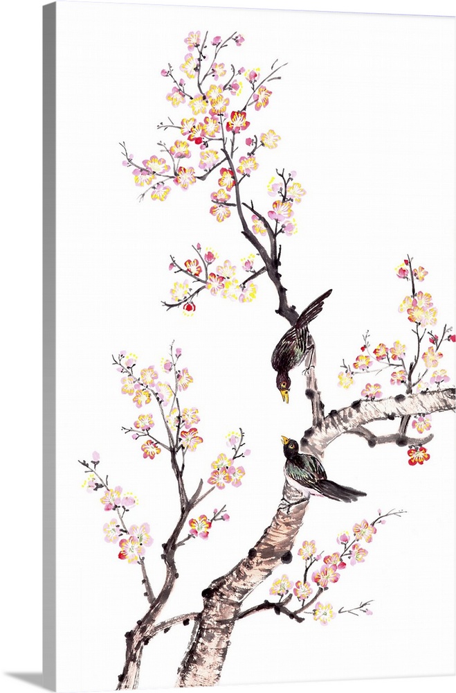 Traditional Chinese painting of flowers, plum blossom, and two birds on tree on a white background.