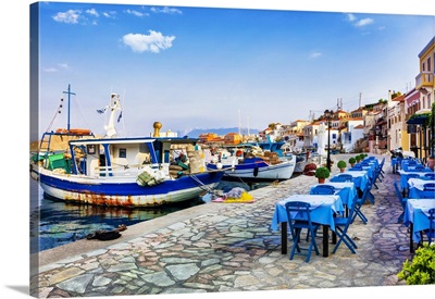 Traditional Greece Series - Chalki Island With Old Boats And Taverna