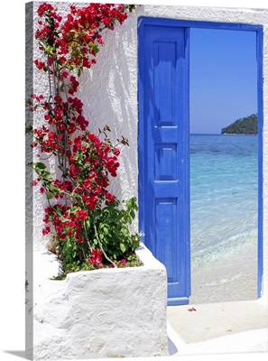 Traditional Greek Door With A Great View On Santorini Island, Greece