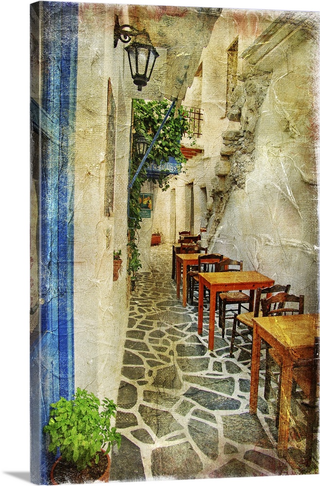 Traditional greek tavernas - artwork in painting style.