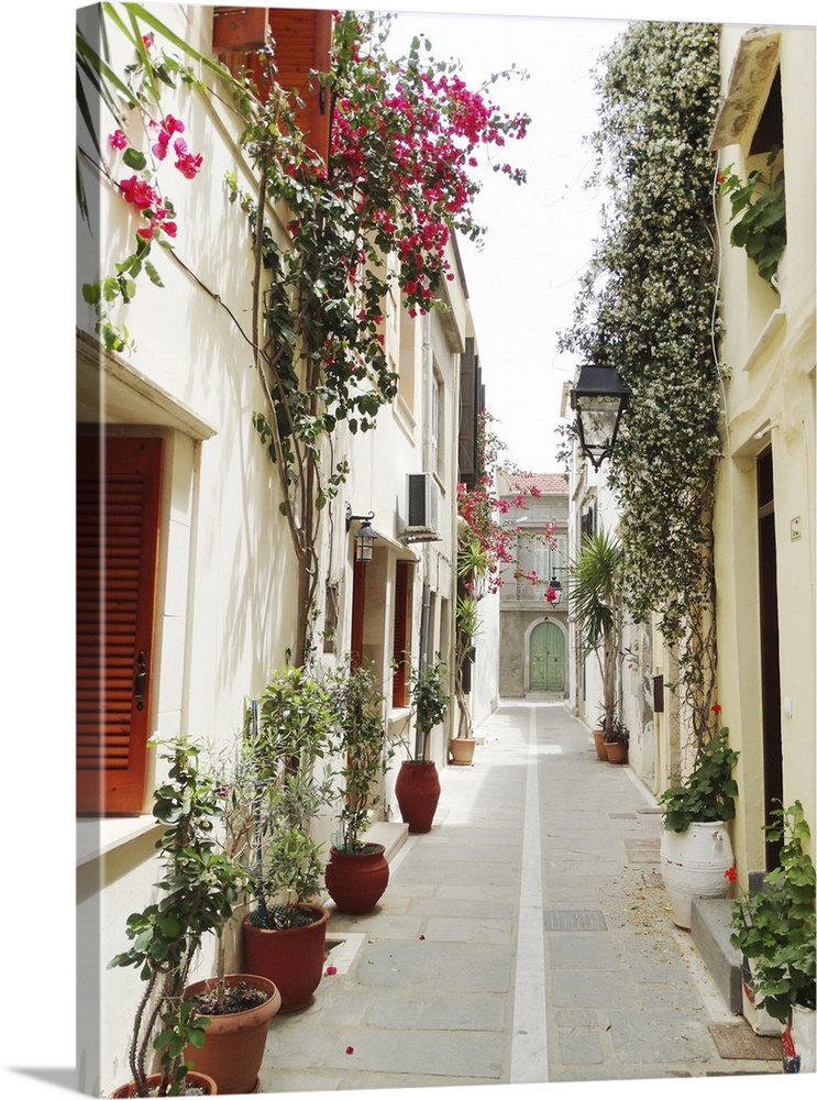 Traditional Street Among Bougainvillaea In Rethymno, Greece