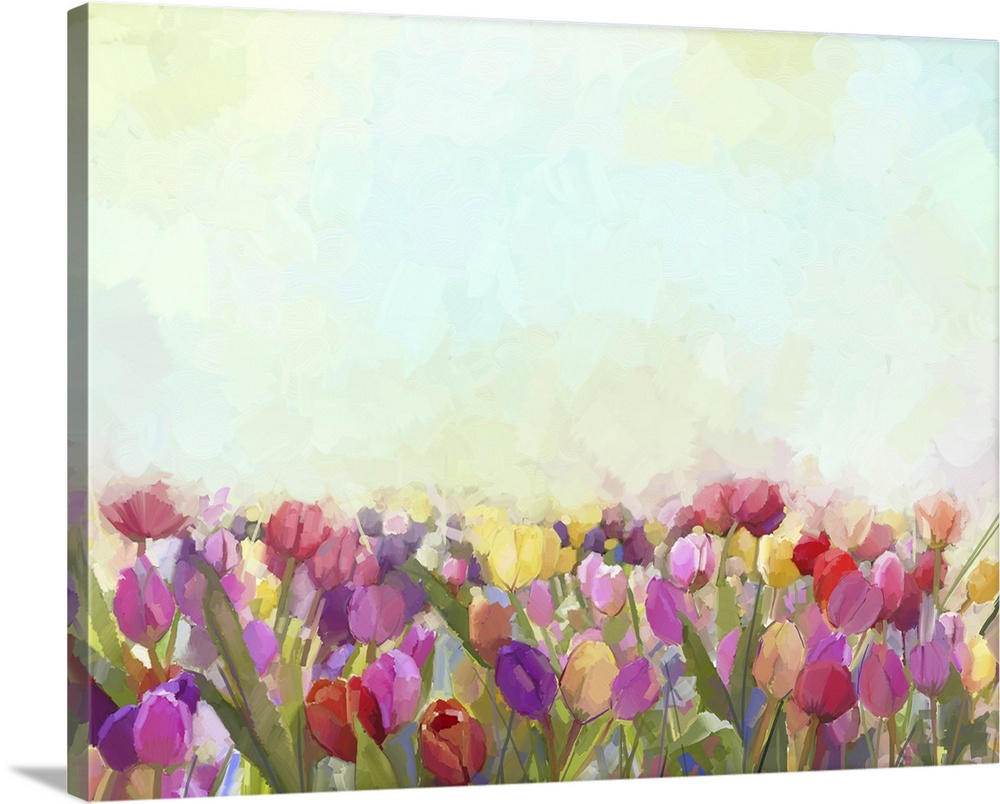 Tulips flowers in the meadows, originally an oil painting. Soft color background.