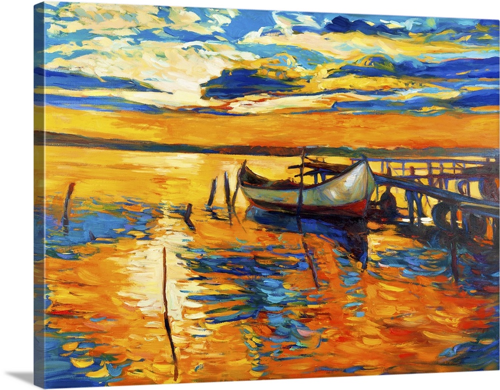 Originally an oil painting on canvas of a boat and jetty (pier).