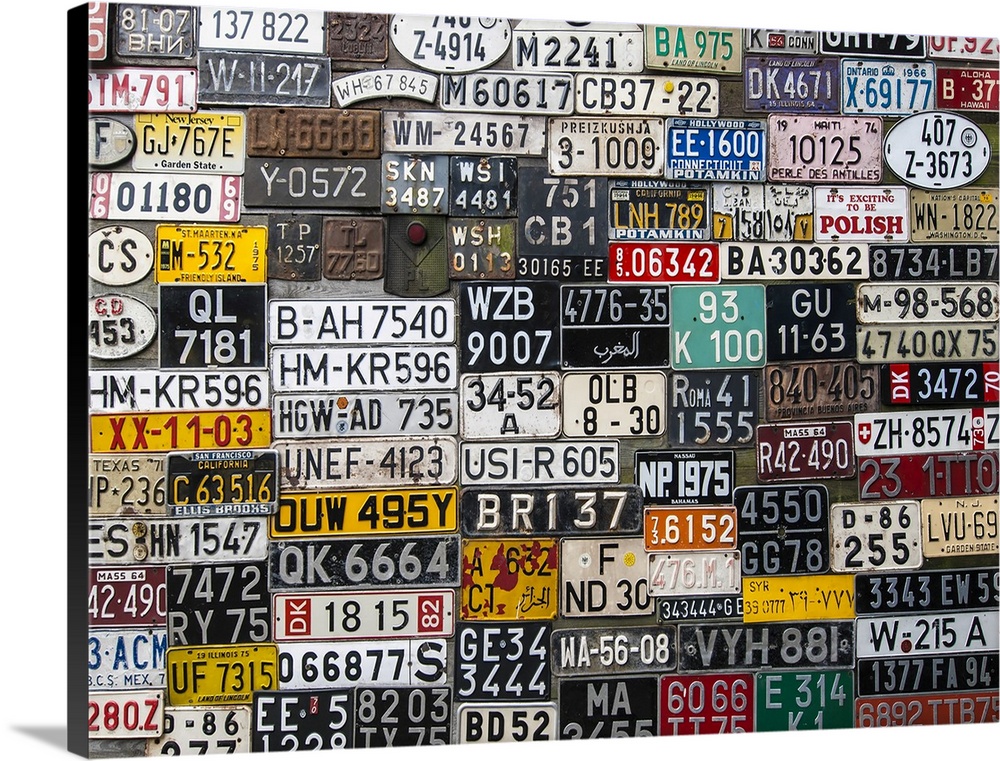 Various retro license plates on the wall.