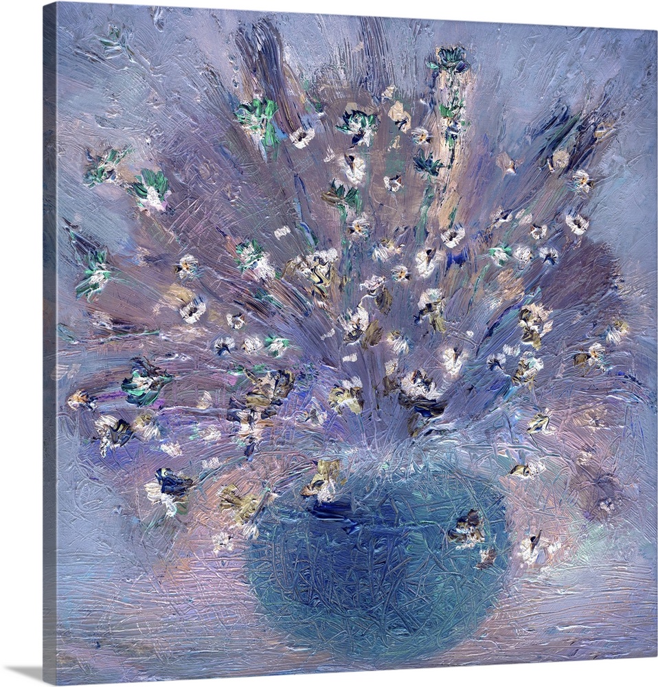 Originally an oil painting. Impressionist painting a vase with delicate wildflowers.