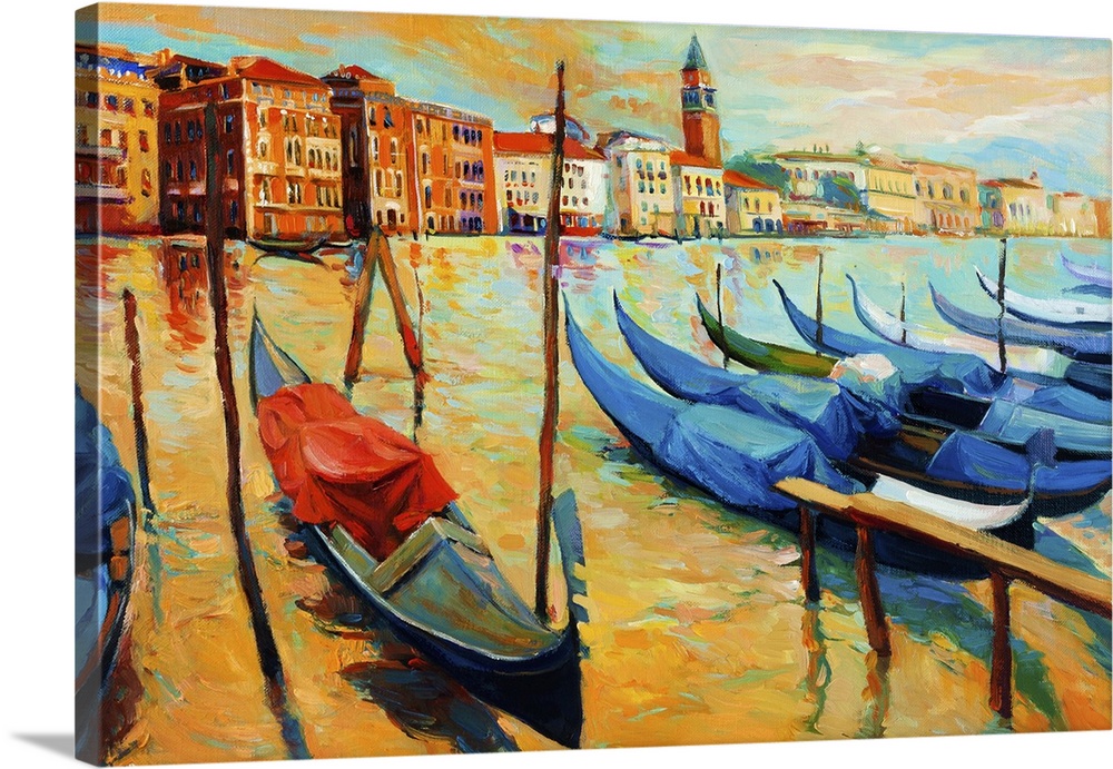 Originally an oil painting of beautiful Venice, Italy at sunset. Gondolas and houses. Modern impressionism.