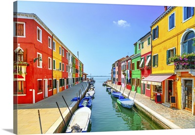 Venice Landmark, Burano Island Canal, Colorful Houses And Boats