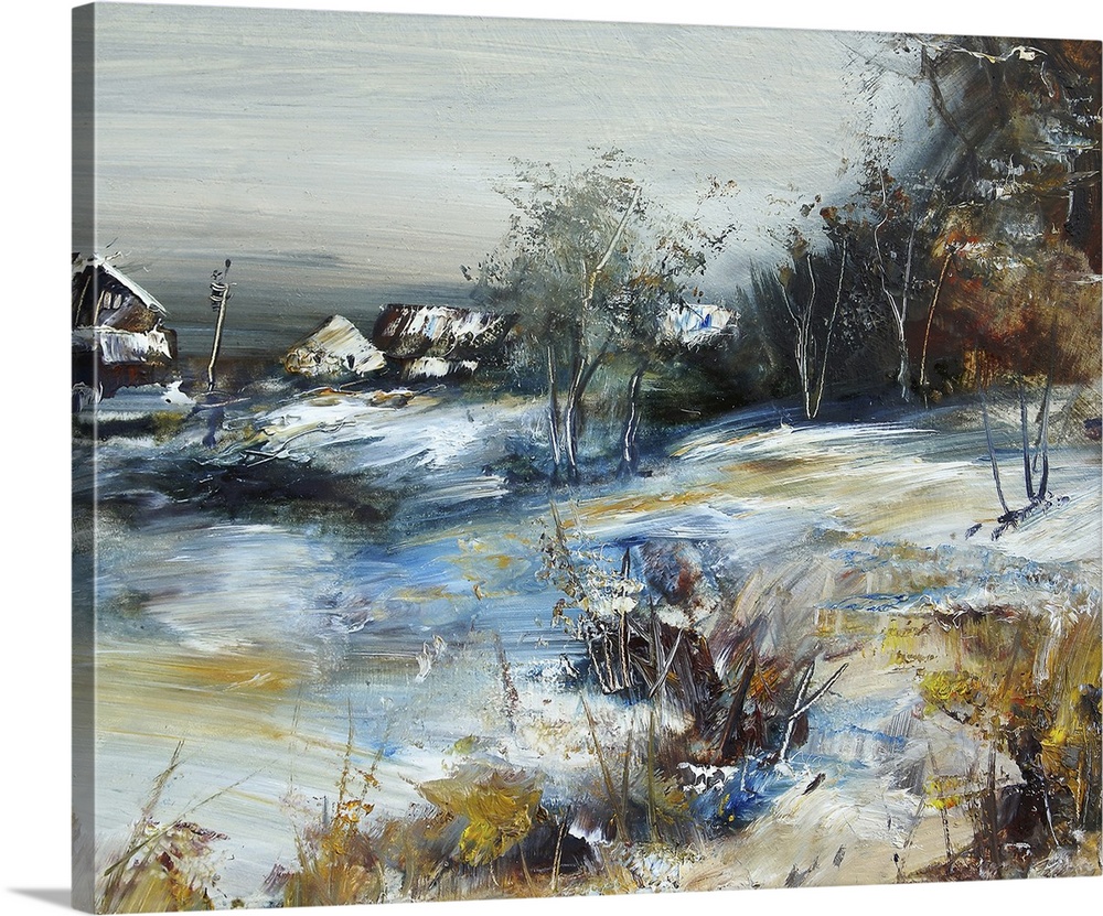 Village in winter, originally an oil painting/illustration.