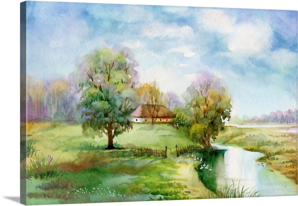 Watercolor landscape collection: village life.