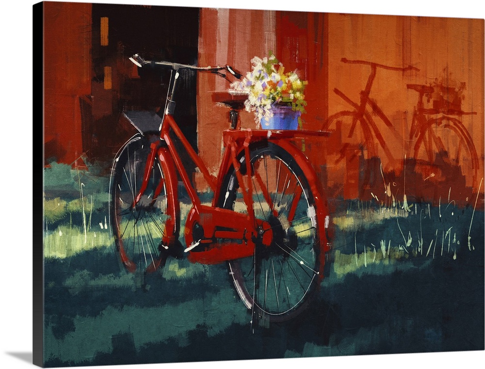 Originally a painting of vintage bicycle with bucket full of flowers.