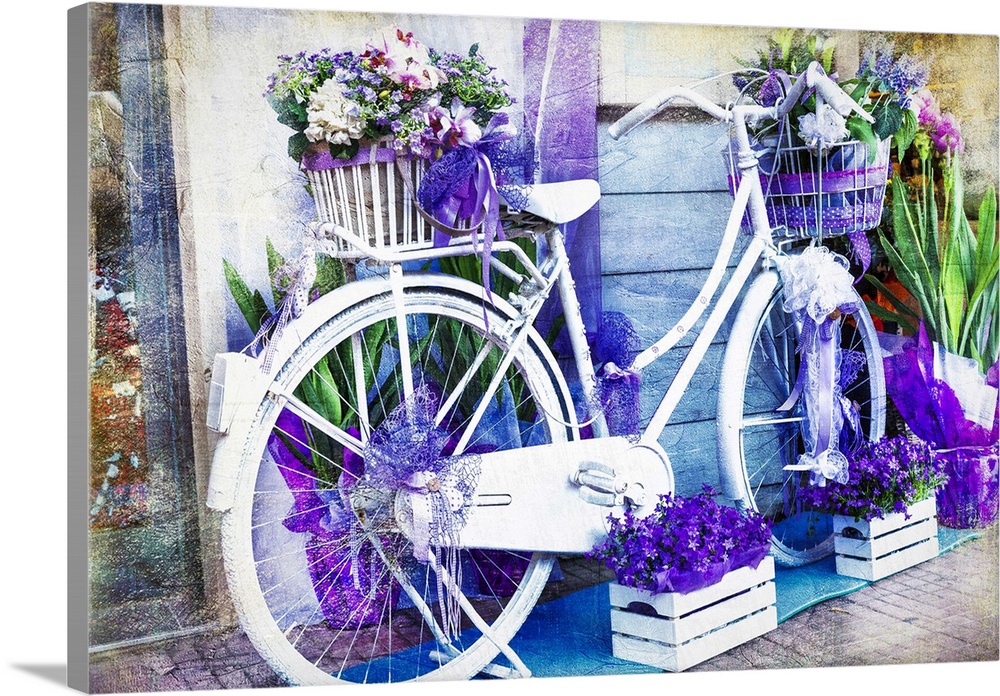 Beautiful street decoration with bike and flowers.