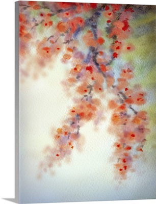 Watercolor Background In Japanese Style, Flowering Branches