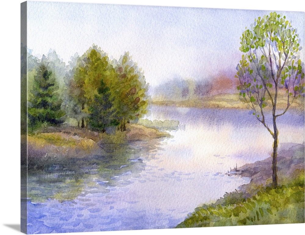 Originally a watercolor landscape. Young tree on the bank of a quiet river.