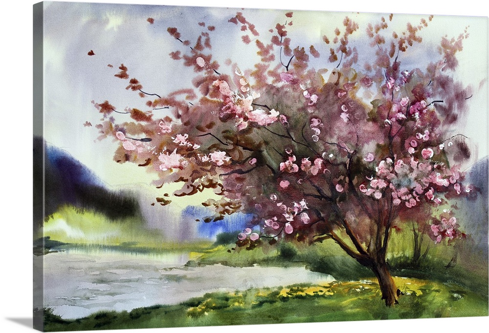 Watercolor painting of a landscape with a blooming spring tree.