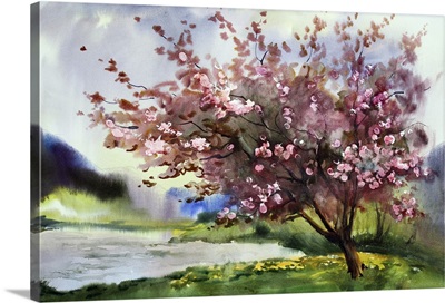 Watercolor Landscape With Blooming Spring Tree