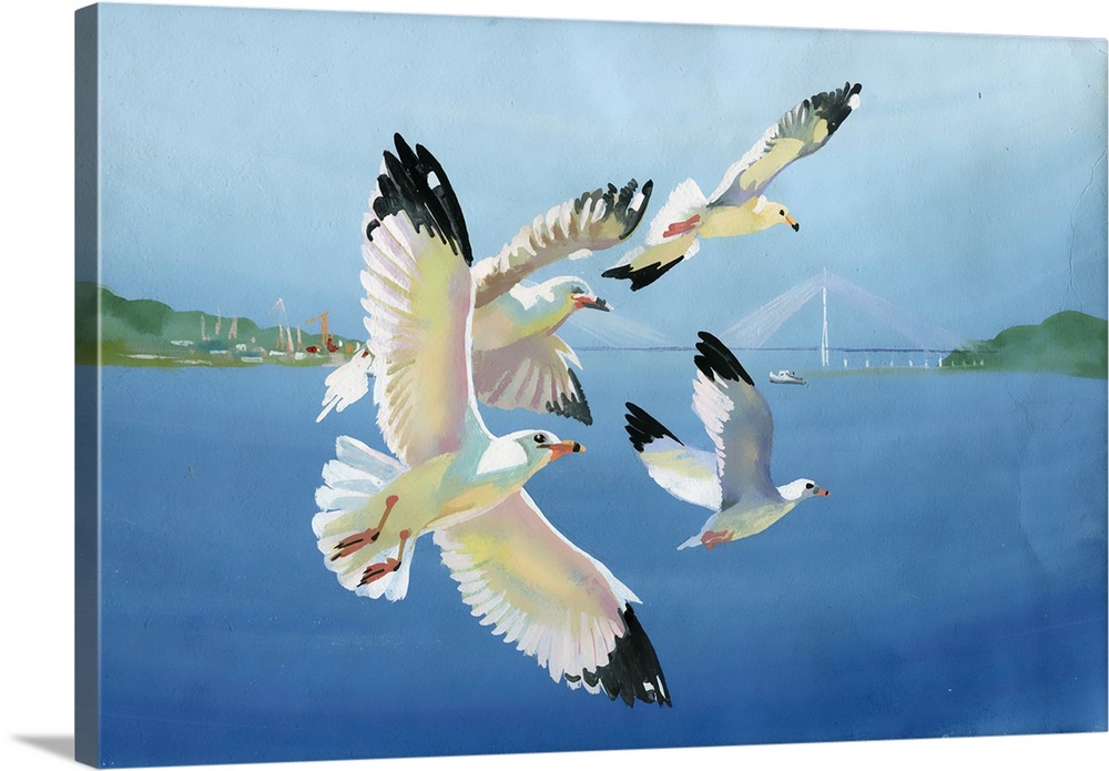Originally a watercolor painting of seagulls in flight and seascape.