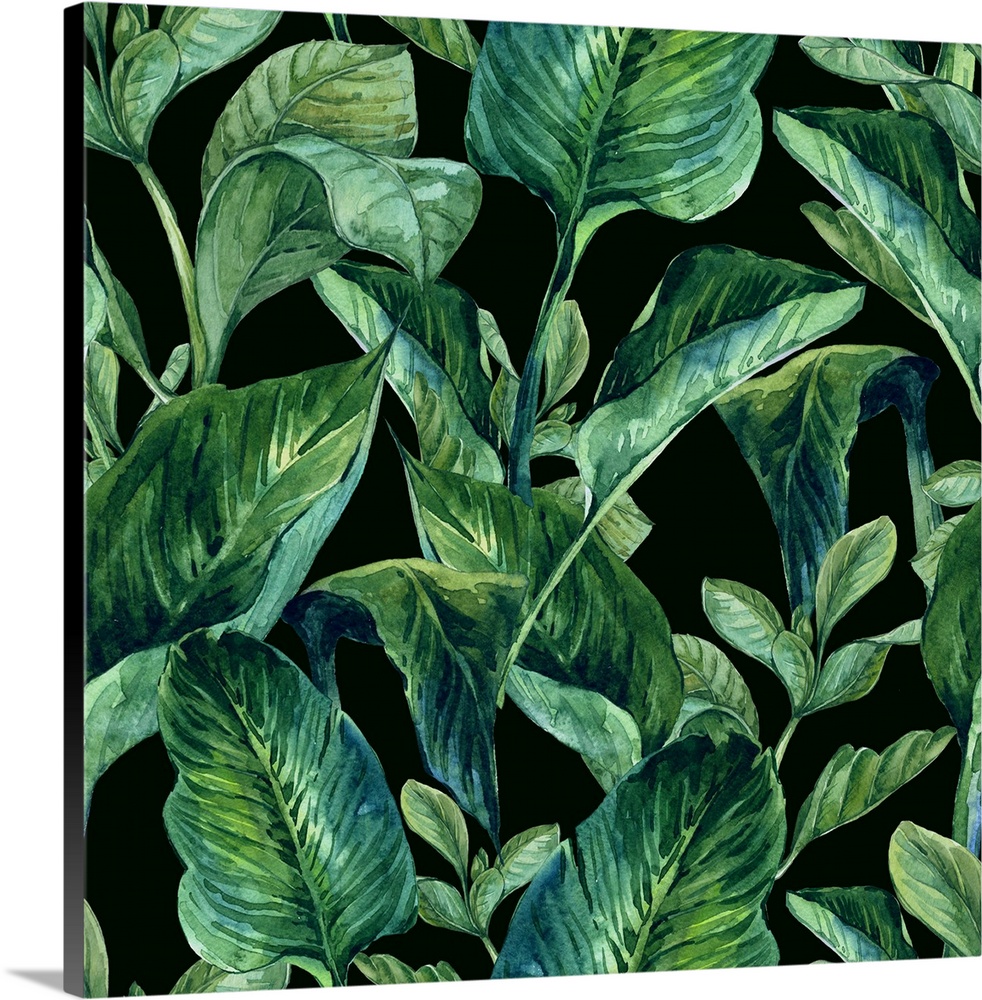 Originally a watercolor seamless exotic background with tropical leaves, botanical illustration.