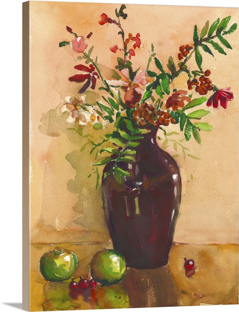Originally a painting. Still life with vase, flowers, fruit, rowan. It can be used to create packages, gift cards and design.