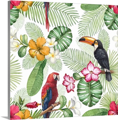 Watercolor Toucan And Parrot, Seamless Pattern