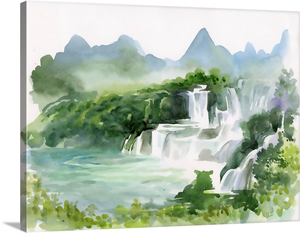 Originally a watercolor illustration of beautiful waterfall and mountains.