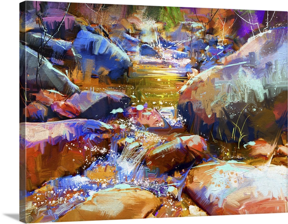 Beautiful waterfall with colorful stones in autumn forest, originally a digital painting.