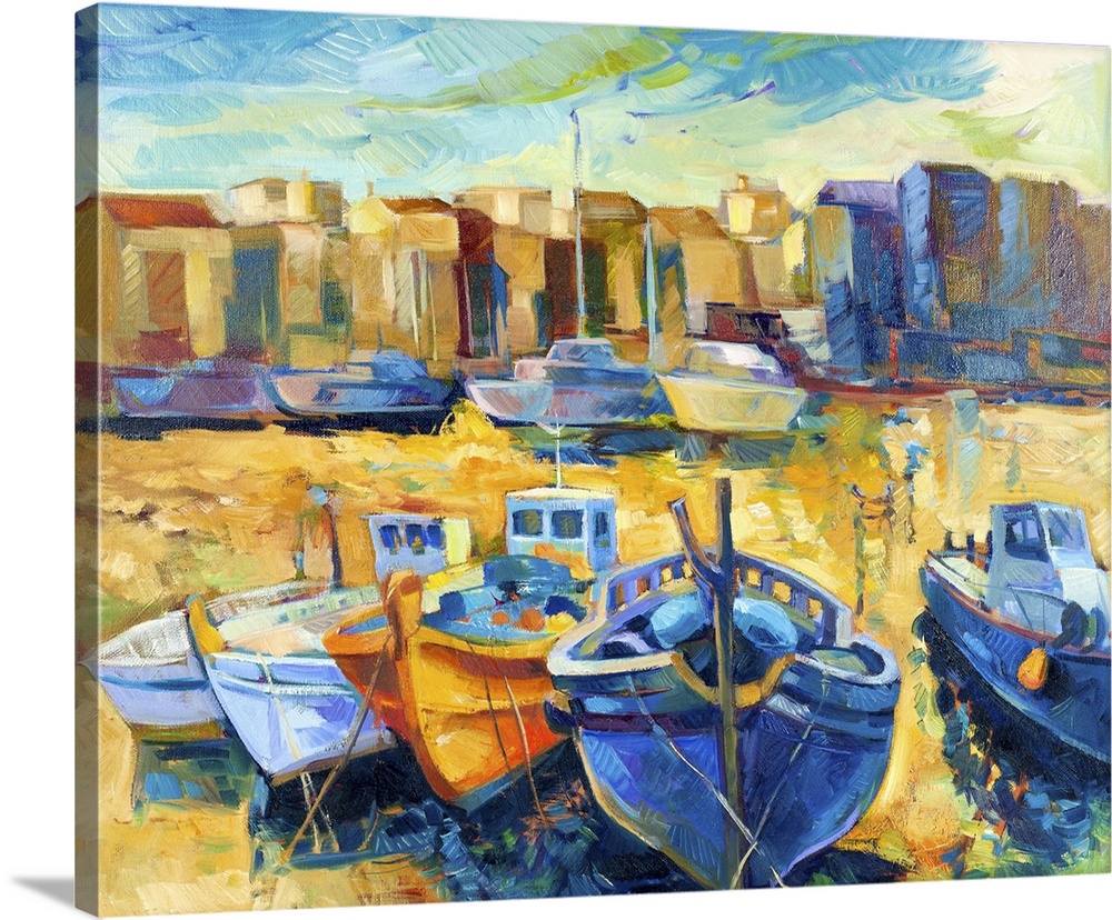 Originally an oil painting on canvas of a beautiful sunset over a wharf full of boats on canvas.