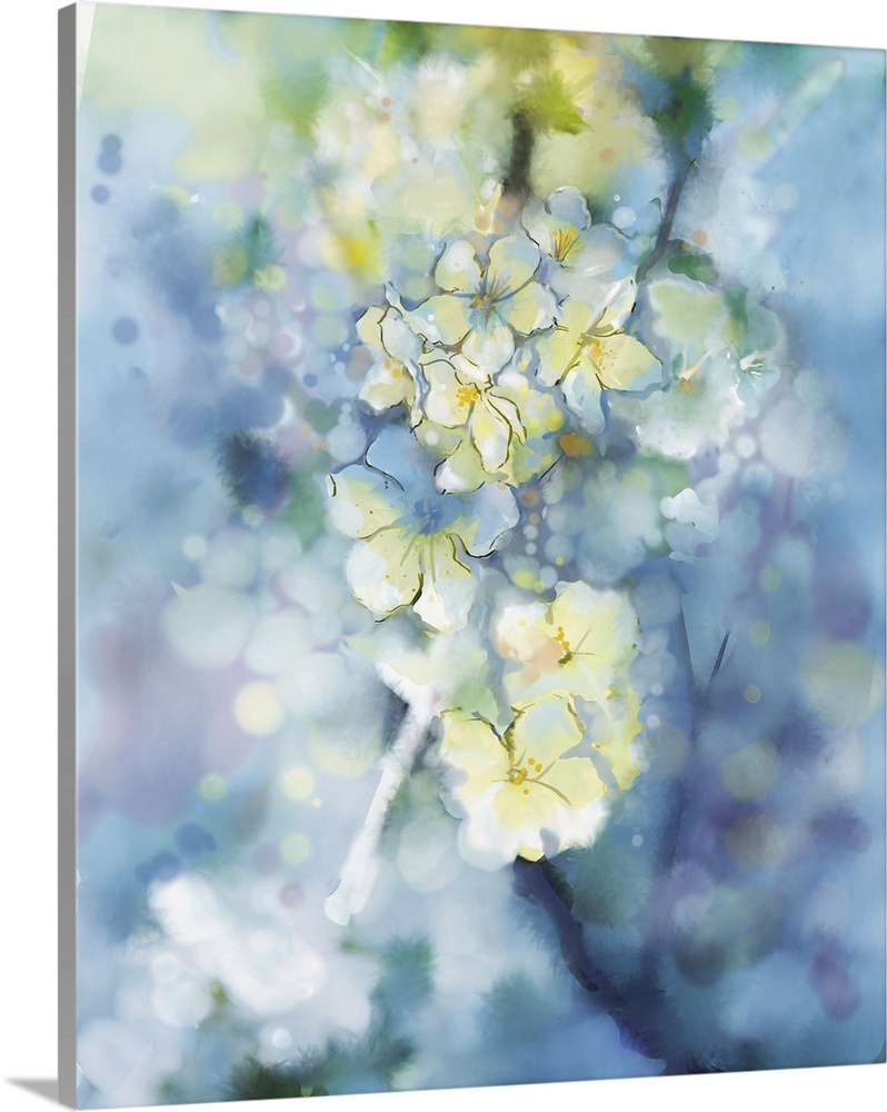 Originally an abstract watercolor painting of a white apricot tree. Flowers in soft colorful and blur style with bokeh. Sp...