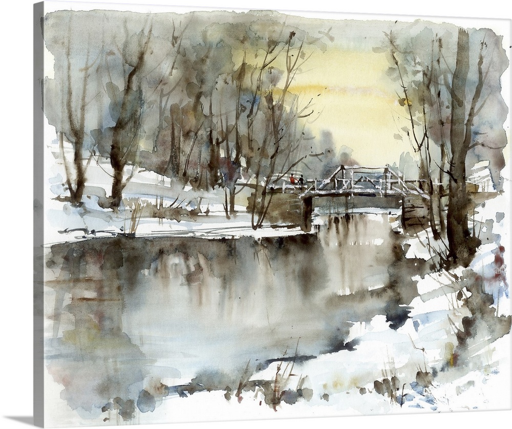 White bridge over the river, winter landscape. Originally a watercolor illustration.