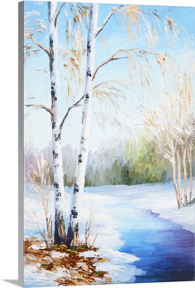 Originally an oil painting of a winter landscape, frozen river in the forest.