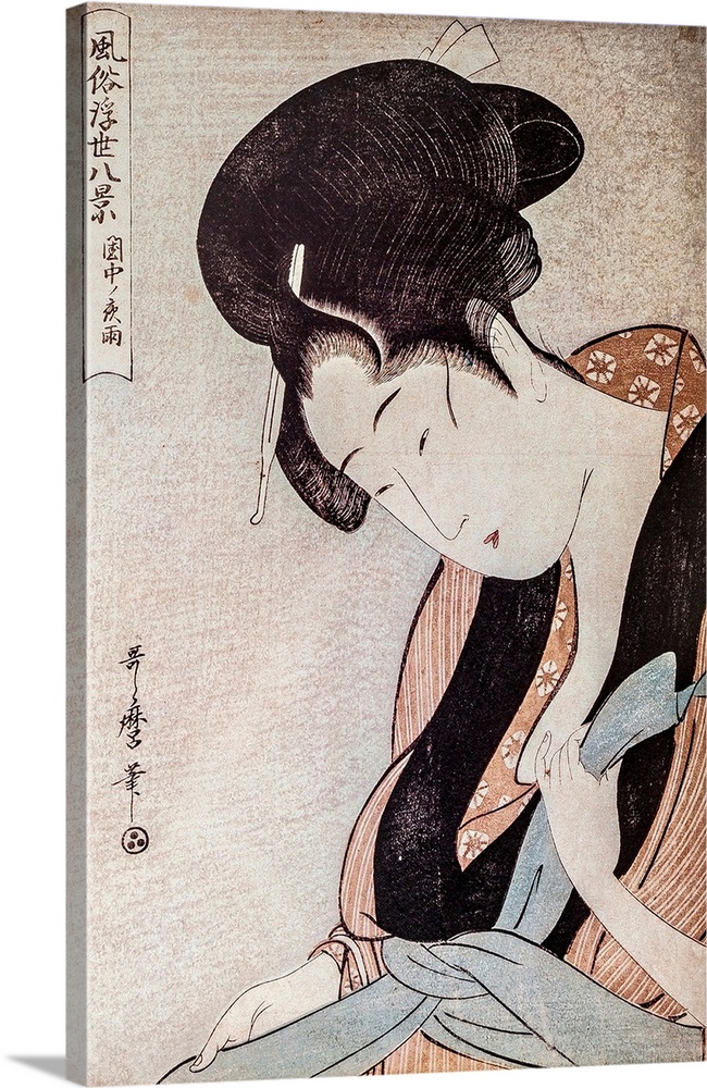 Woman in bedroom on rainy night. Kitagawa Utamaro. Traditional Japanese engraving Ukiyo-e.