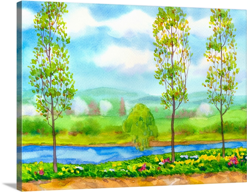Watercolor landscape of young poplar trees on the river in the freshness of a bright spring day.