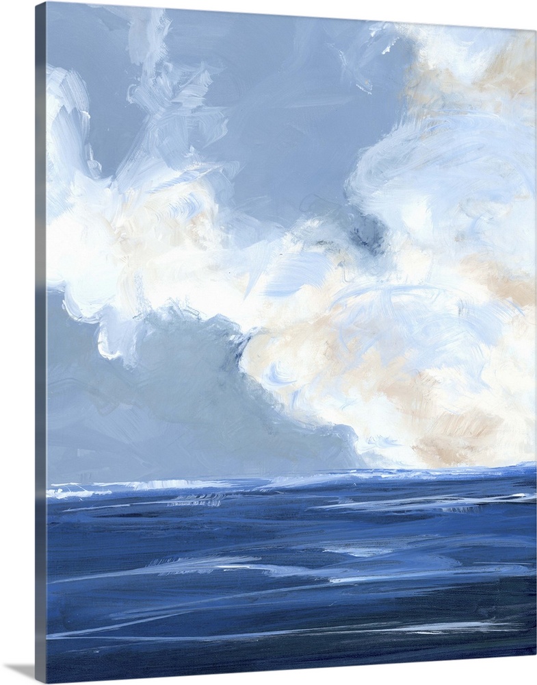 Contemporary painting of a calm ocean with large white clouds on the horizon.