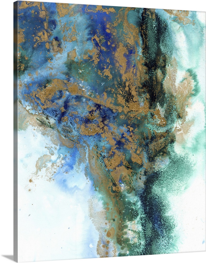 Contemporary painting in blue and green with golden splatters.