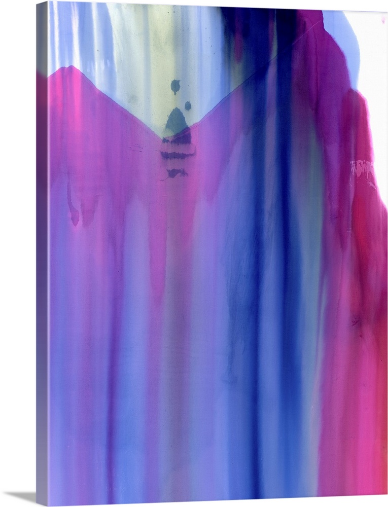 A contemporary abstract painting of almost transparent purple and pink fluid cascading down over pale blue and green tones...
