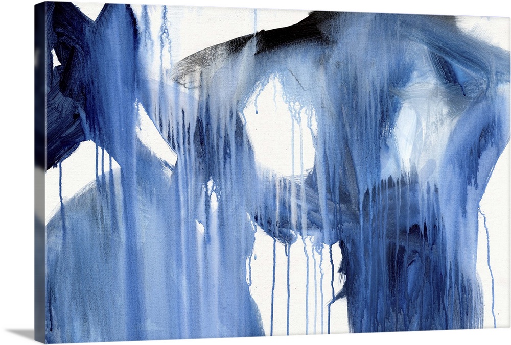 Contemporary artwork in shades of blue over white with a dripping paint appearance.