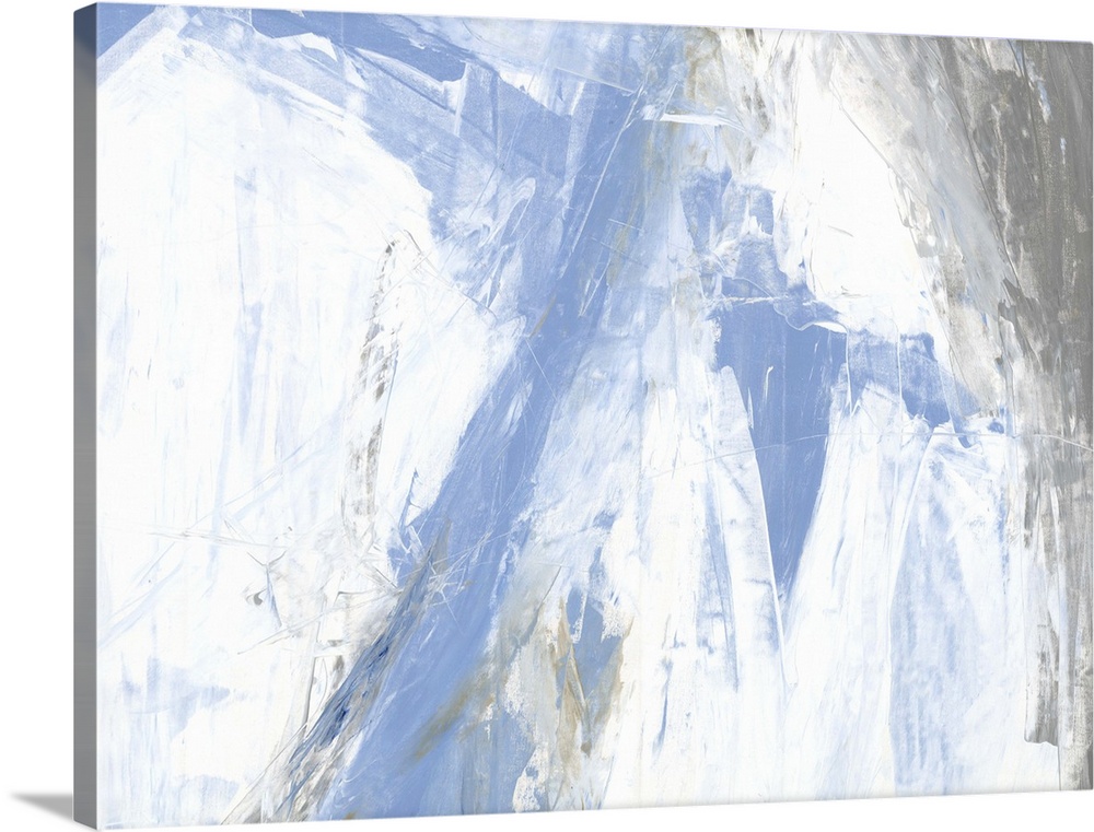 A contemporary abstract painting using pale blue and white tones in bold aggressive strokes.