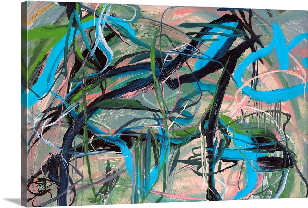 Busy abstract painting with black, blue, white, pink, and green lines on top moving in all directions on a muted color bac...