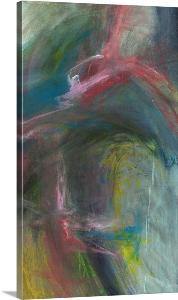 Large abstract art with dark and muted hues in shades of pink, yellow, blue, and green.