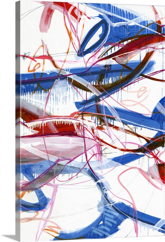 Large abstract painting with red, blue, pink, orange, black, and white lines varying in size and thickness moving all over...