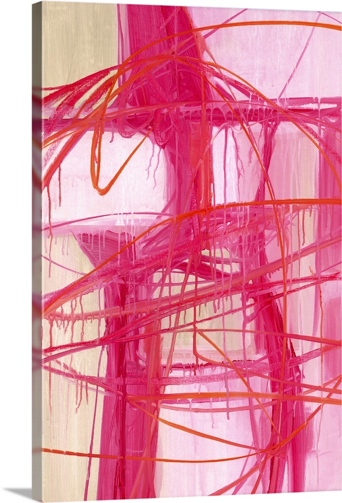 Contemporary abstract artwork in pink shades with broad strokes of paint with a dripping appearance.