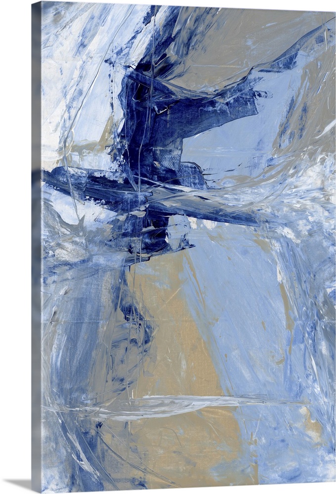 A contemporary abstract painting using various blue tones in aggressive strokes.