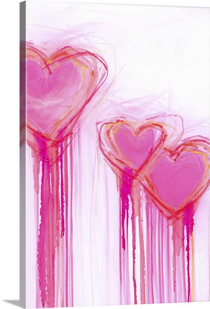 Contemporary painting of three bright pink heart shapes with long streaks of dripping paint.