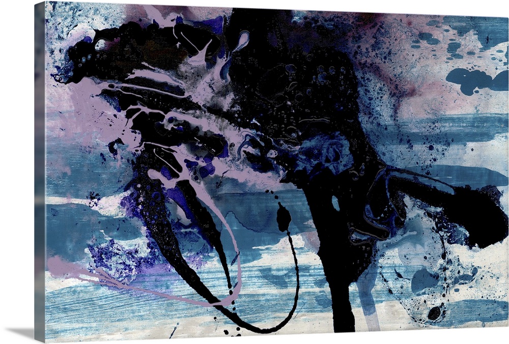 A contemporary abstract painting of dark black and purple tones with splashes blue swirling around like smoke clouds.