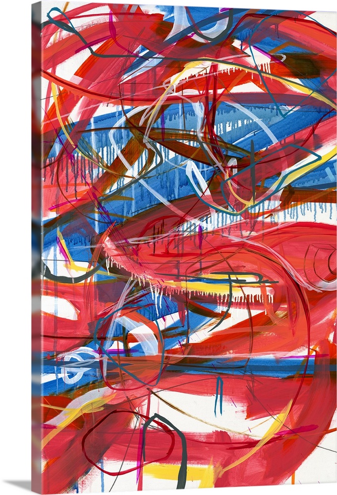 Large abstract painting with red, blue, magenta, yellow, orange, and white lines varying in size and thickness moving all ...