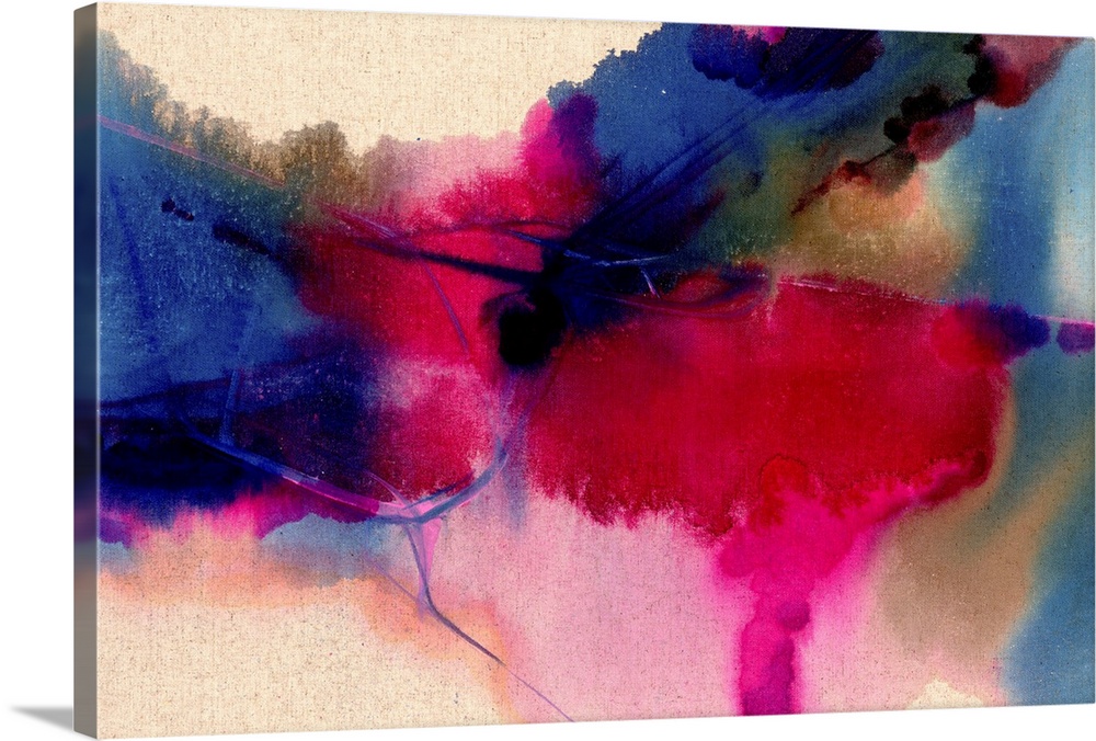 Contemporary abstract painting in dark blue and magenta tones that appear to seep through the image.