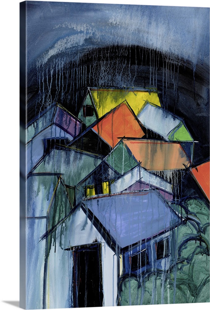 A contemporary abstract painting of a cluster of houses with colorful roofs under a dark blue dripping sky above.